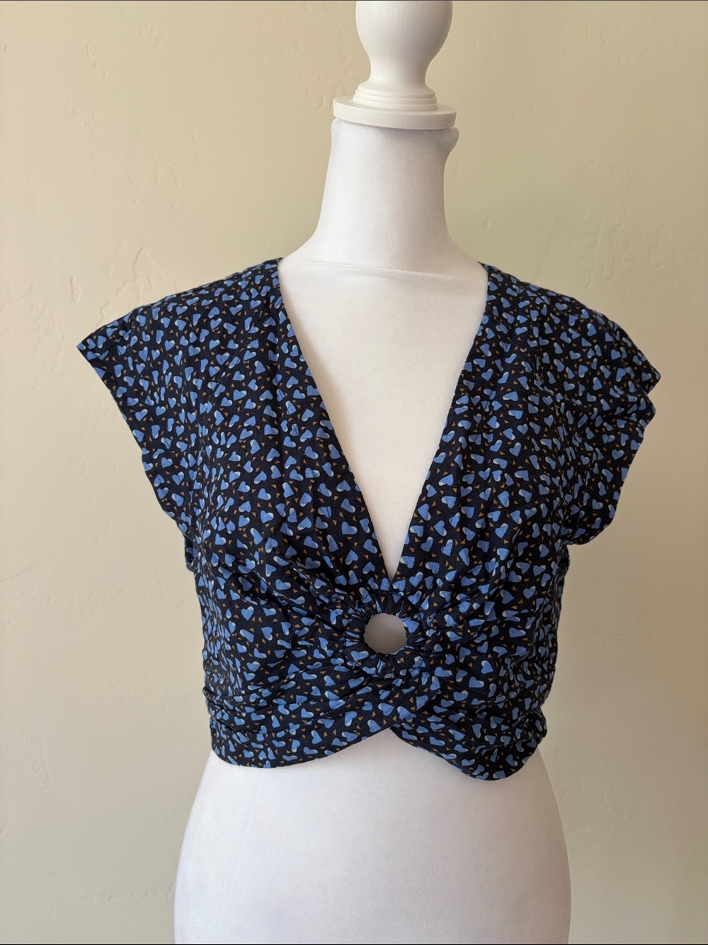 Free People Blue Black Linen Crop Top with Heart Print and Ring Front
